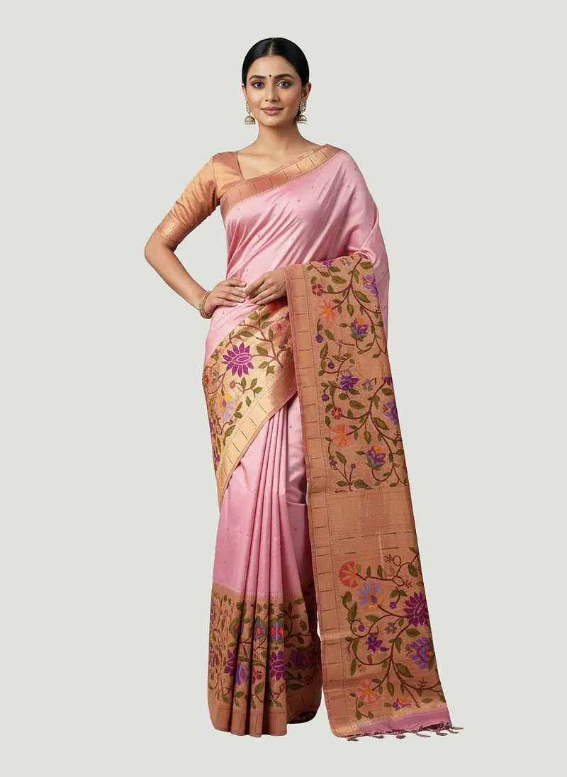 Handloom Antique Gold and Light Pink Paithani Saree - Master