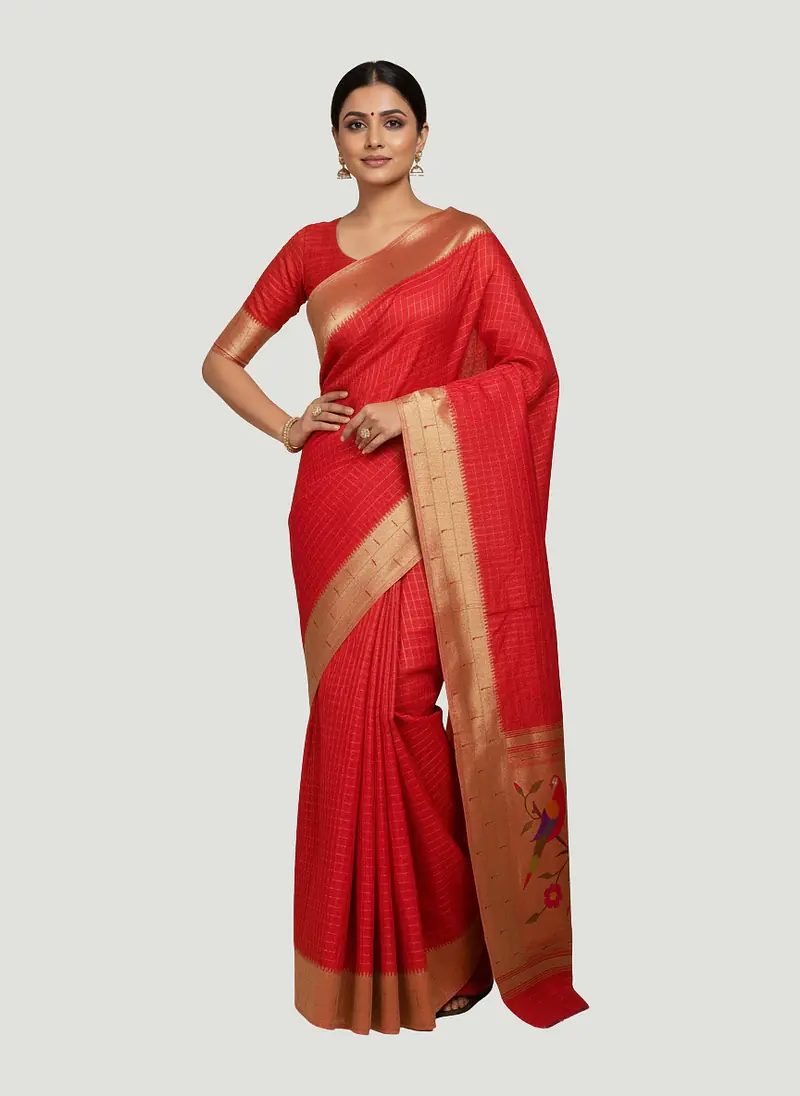 Red & Gold Checkered Silk Saree with Paithani Parrot Pallu - Master