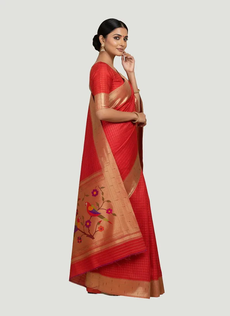 Red & Gold Checkered Silk Saree with Paithani Parrot Pallu - Master