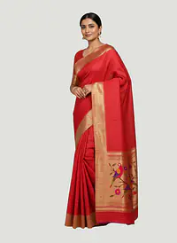 Red & Gold Checkered Silk Saree with Paithani Parrot Pallu - Master