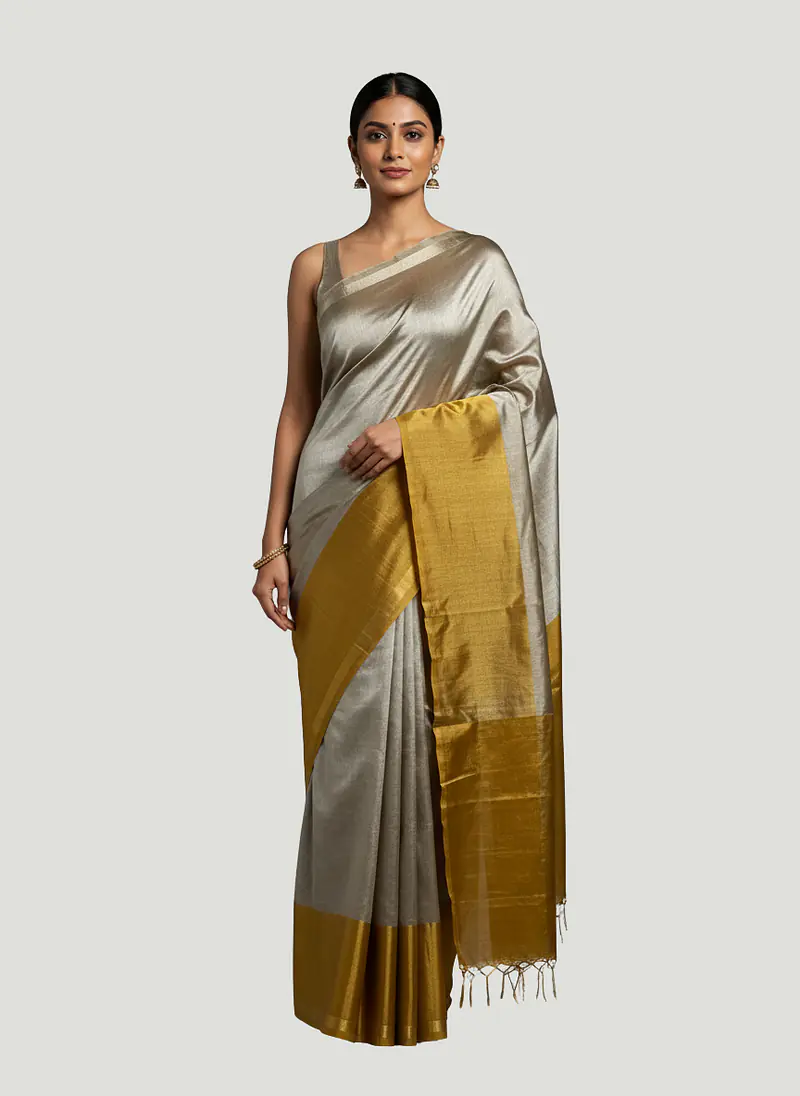 GOLDEN SILVER TISSUE SAREE - Master
